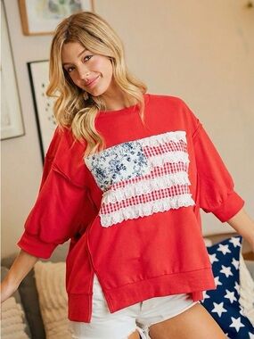 Bibi Red Oversized American Flag Patchwork Terry Knit Top XL